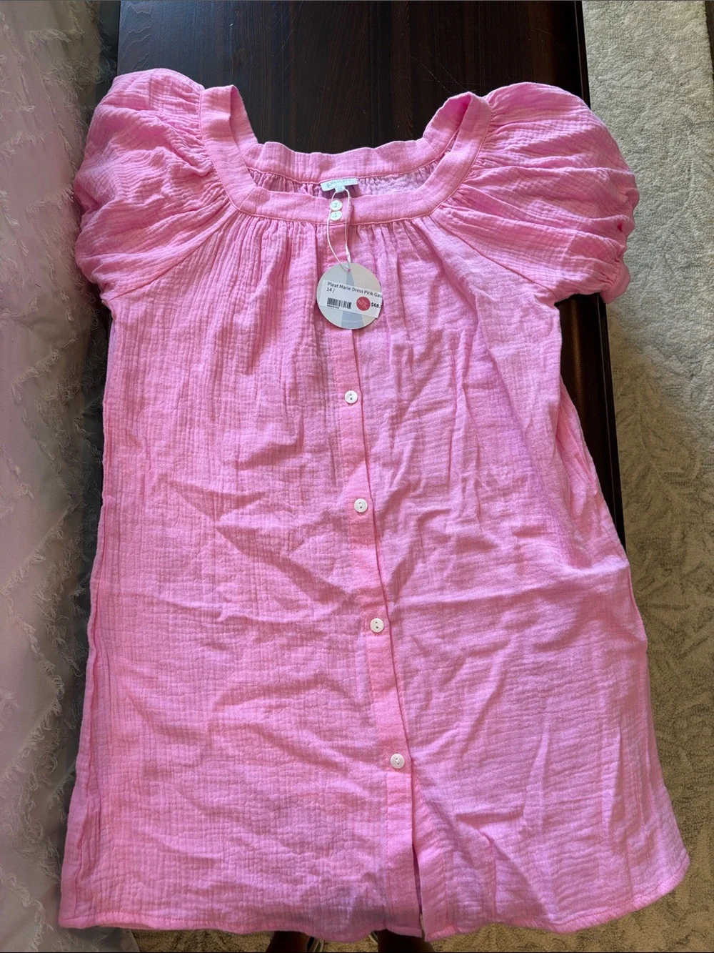 Girls Pink Button-Front Cotton Gauze dress